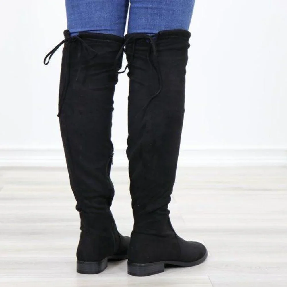 Black Suede Over the Knee Boots Low Heel Tie Back Detail